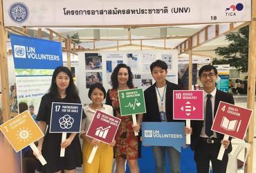 Panitee Nuykram (second from the left) serves as UN Volunteer Media and Communications Officer with IOM in Thailand. Here she is advocating for the Sustainable Development Goals with colleagues.