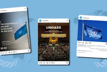 Three screenshots of social media posts from the unicmanama Instagram account celebrating the 80th anniversary of the United Nations (UNGA80) against a light blue world map background.