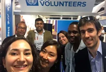 UN Volunteer Sheriff Abdulai (second from right), with other UN Volunteers and UNV staff, at the UNV booth at the World Humanitarian Summit that took place in Turkey in May 2016. 