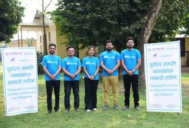 From left to right: National UN Volunteers Madhusudan Ghimire, Kushal Limbu, Shraddha Thapa, Bikas Jha and Binod Chand