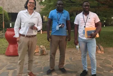 Harry Madimba Massamba (centre), together with his colleagues during a field support visit to Mayukwayukwa refugee camp with the UNHCR Zambia North-Western Field Office. 