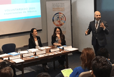 At the ECLAC side event, Adolfo Ayuso Audry from the Presidency of Mexico presents on volunteerism in his country. Also on the panel: Boram Kim (left) from UNV HQ, who presented on positioning volunteerism in the VNRs, and Laura Sanchez Gil (centre) from TECHO.