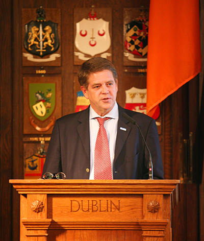 Kevin Gilroy speaking in Dublin, Ireland, at the launch of the first State of the World's Volunteerism Report.